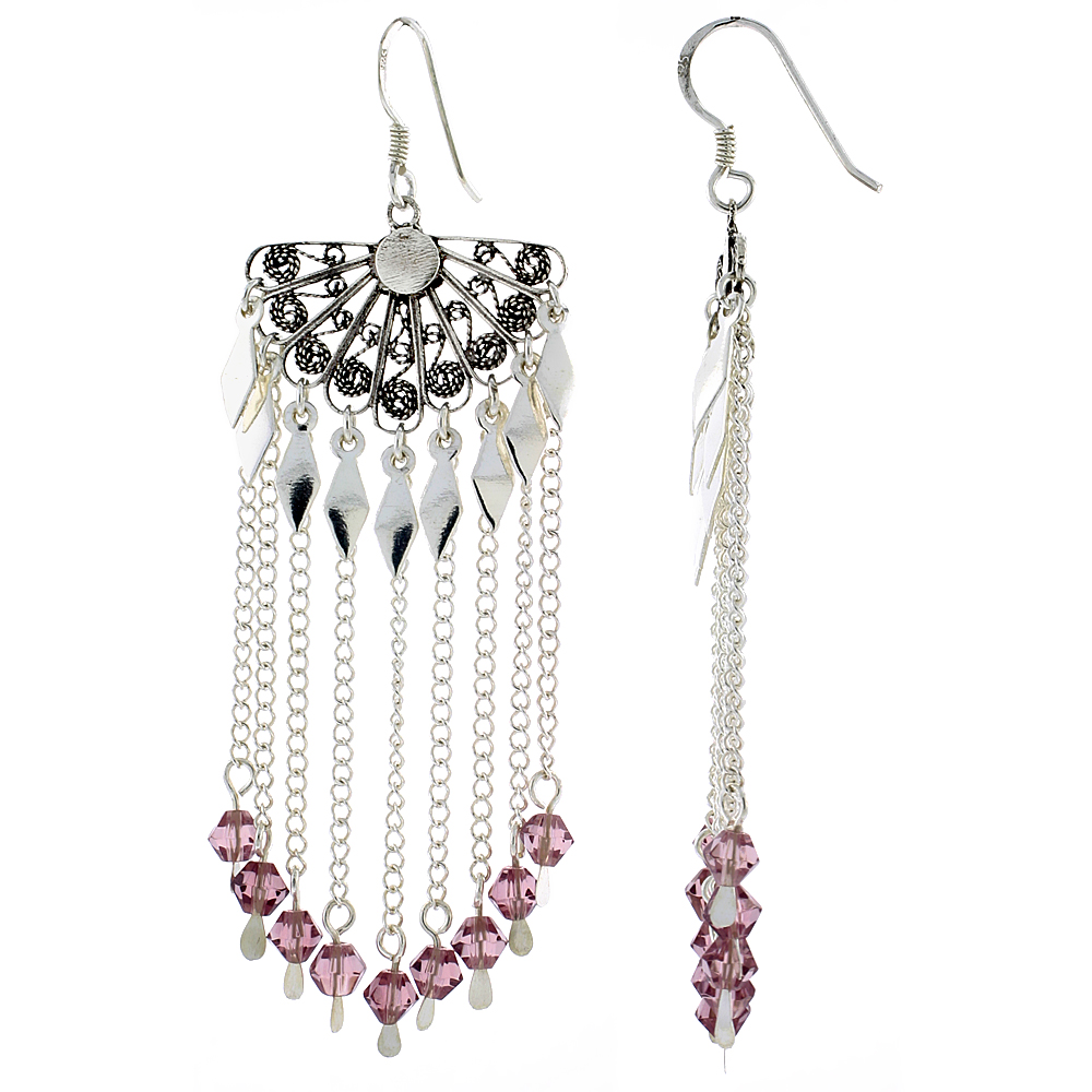 Sterling Silver Fan-shaped Dangle Chandelier Earrings w/ Rose Pink Crystals, 2 7/16" (62 mm) tall