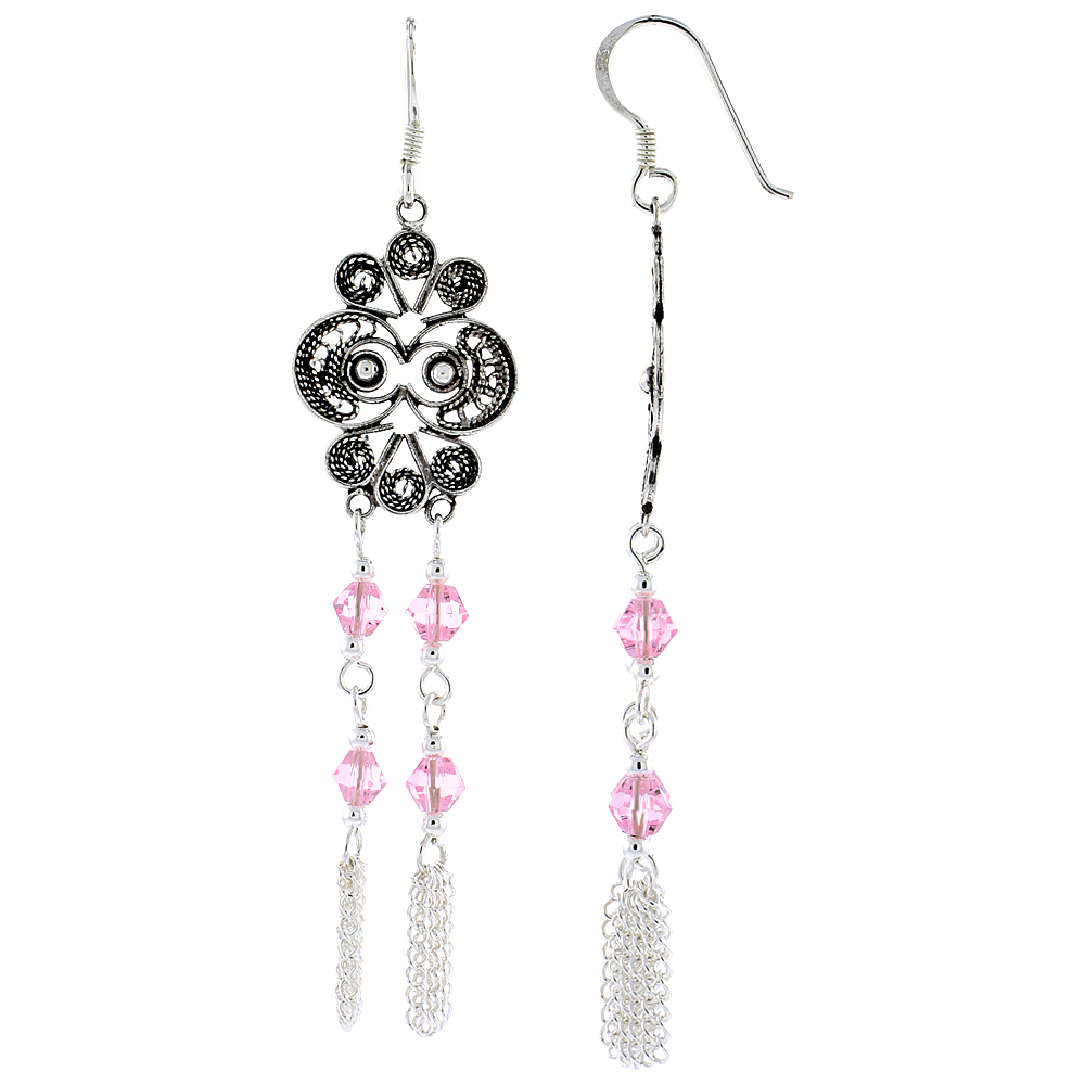 Sterling Silver Fish Hook Dangle Earrings w/ Pink Tourmaline-colored Crystals, 2 1/4" (57 mm) tall