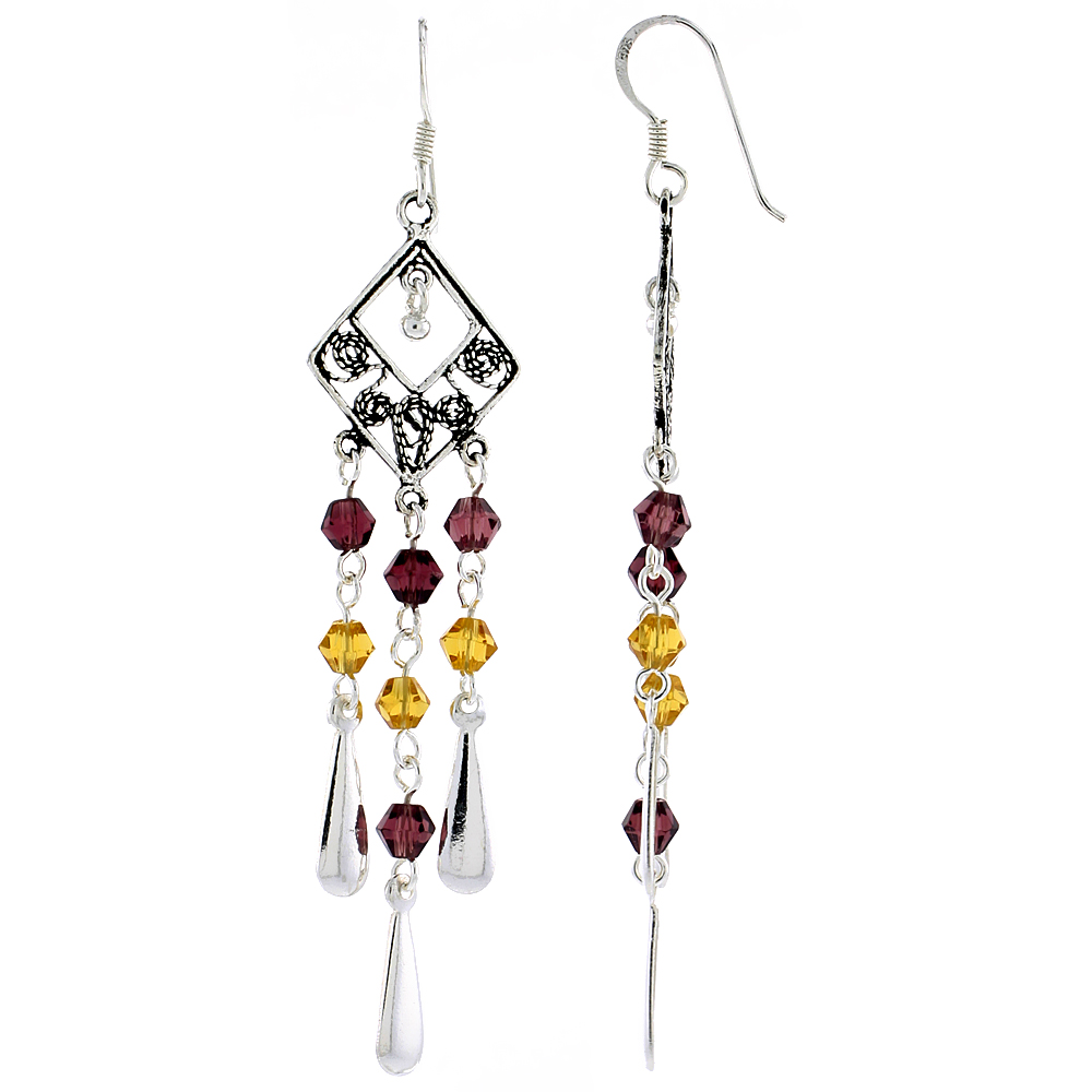 Sterling Silver Diamond-shaped Dangle Chandelier Earrings w/ Garnet-colored & Yellow Citrine-colored Crystals, 2 3/8" (60 mm) tall