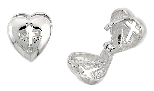 Sterling Silver Heart-shaped Huggie Earrings w/ Cross Cut Out, 3/8" (10 mm)