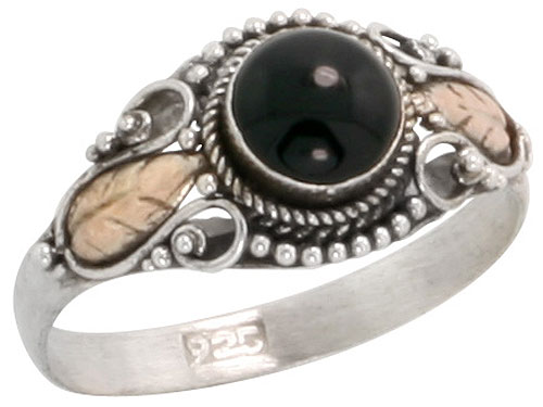 Sterling Silver Bali Style Ring, 6mm Round Cabochon Black Onyx & Real 18k Gold Leaf Accent, 3/8 inch 