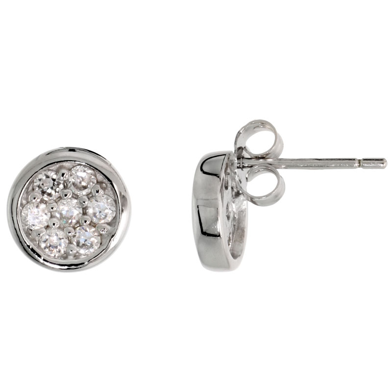 Sterling Silver Round Stud Earrings Brilliant Cut CZ Stones, 5/16 inch