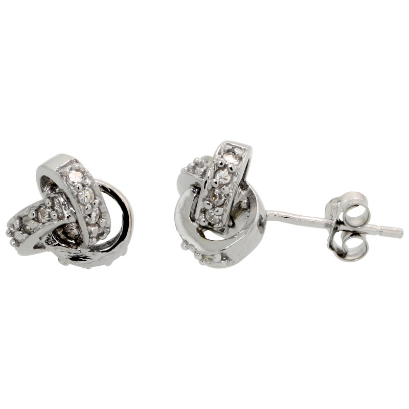 Sterling Silver Love Knot Stud Earrings Brilliant Cut CZ Stones, 5/16 inch