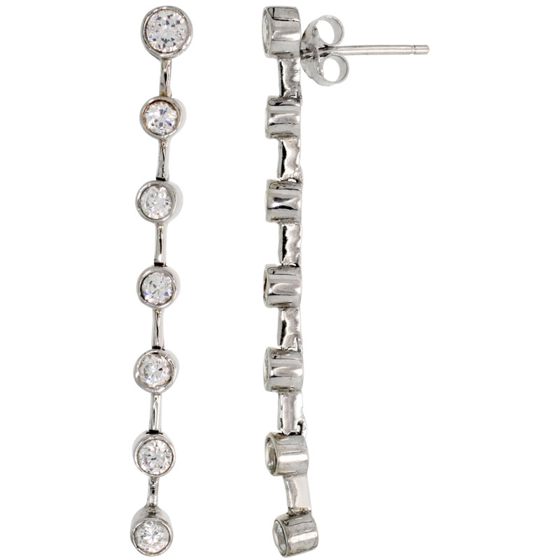 Sterling Silver Seven Stone Dangling Earrings Brilliant Cut CZ Stones, 1 3/4 inch tall