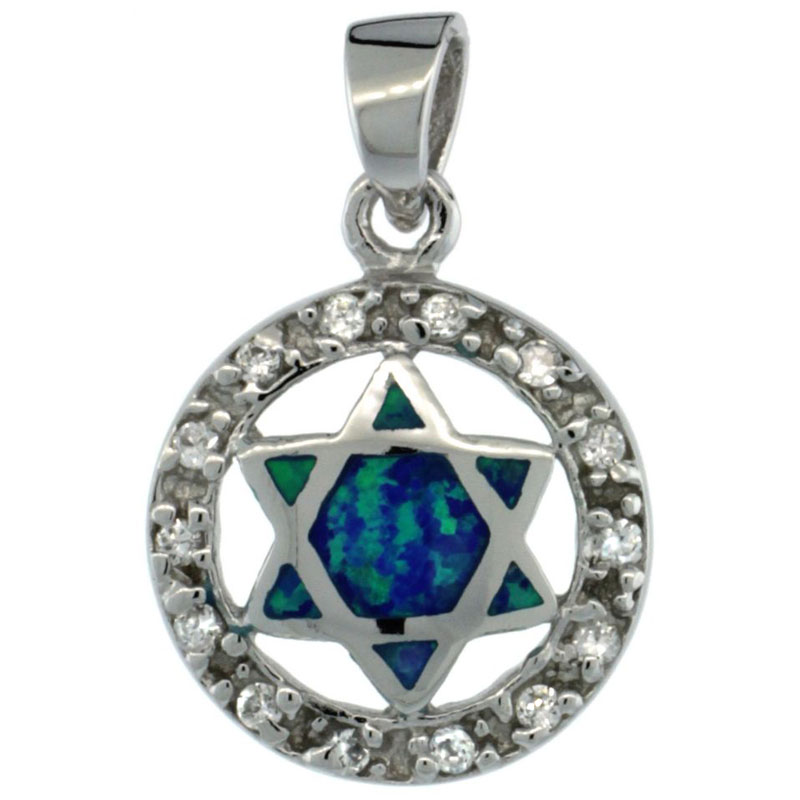 Sterling Silver Star of David Pendant Synthetic Opal Inlay Cubic Zirconia Accent, 9/16 in. (15 mm)