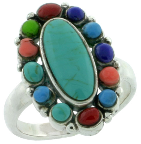 Sterling Silver Multi Color Oval Ring Southwest Design Synthetic Stones 1 inch,