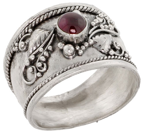 Sterling Silver 5/8" (15mm) Light Bali Ring w/ Natural Garnet