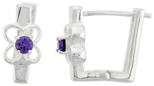 Sterling Silver Square-shaped Huggie Earrings Flower design & 3mm (.10 ct) Amethyst Colored CZ Stone, 9/16 inch 