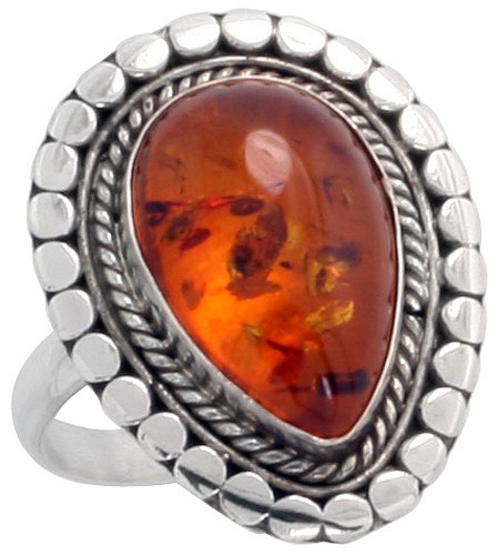 Sterling Silver Bali Style Ring, 15 x 10 Pear Cabochon Russian Baltic Amber Stone, 7/8 inch 