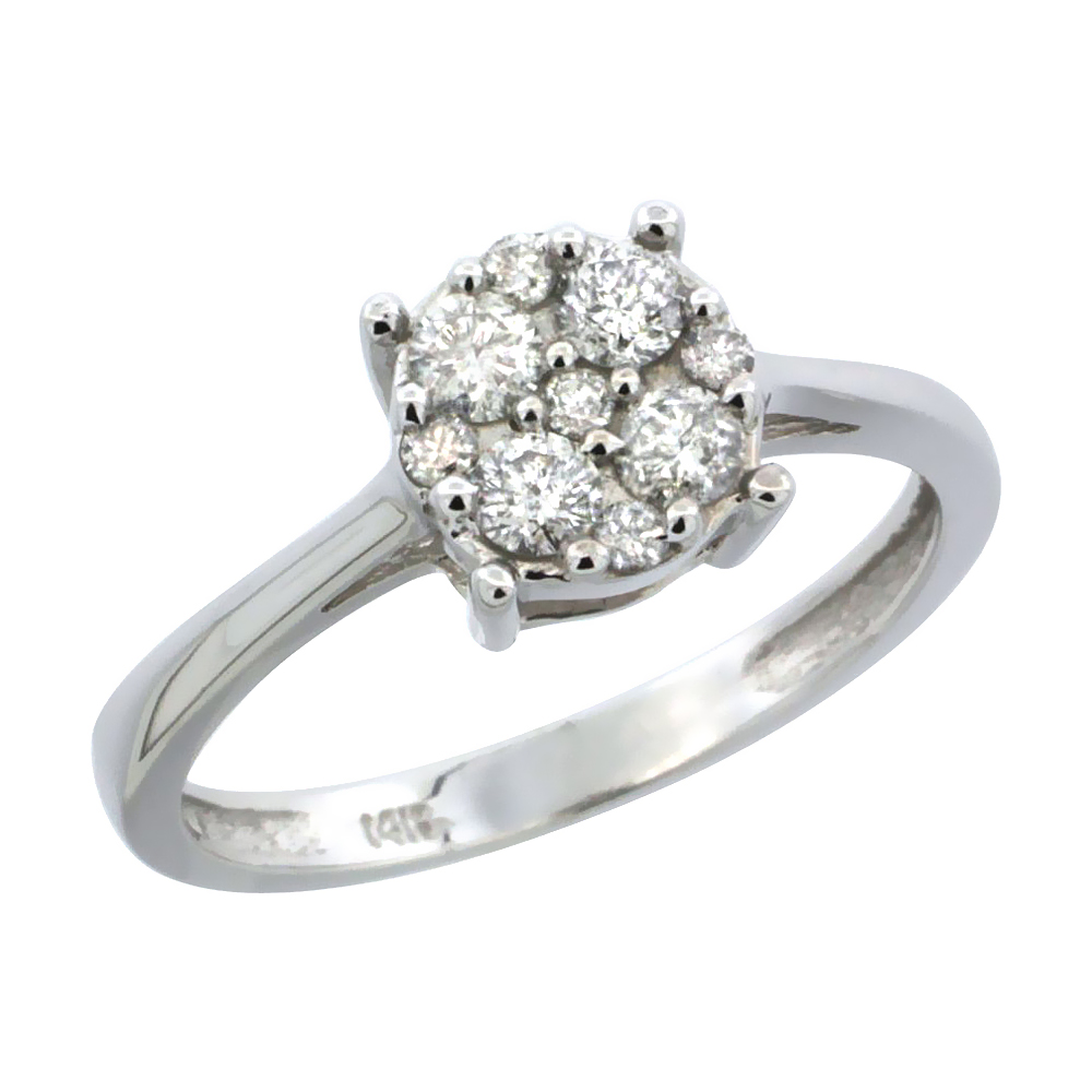 14k White Gold Round Cluster Diamond Engagement Ring w/ 0.37 Carat Brilliant Cut Diamonds, 9/32 in. (7.5mm) wide
