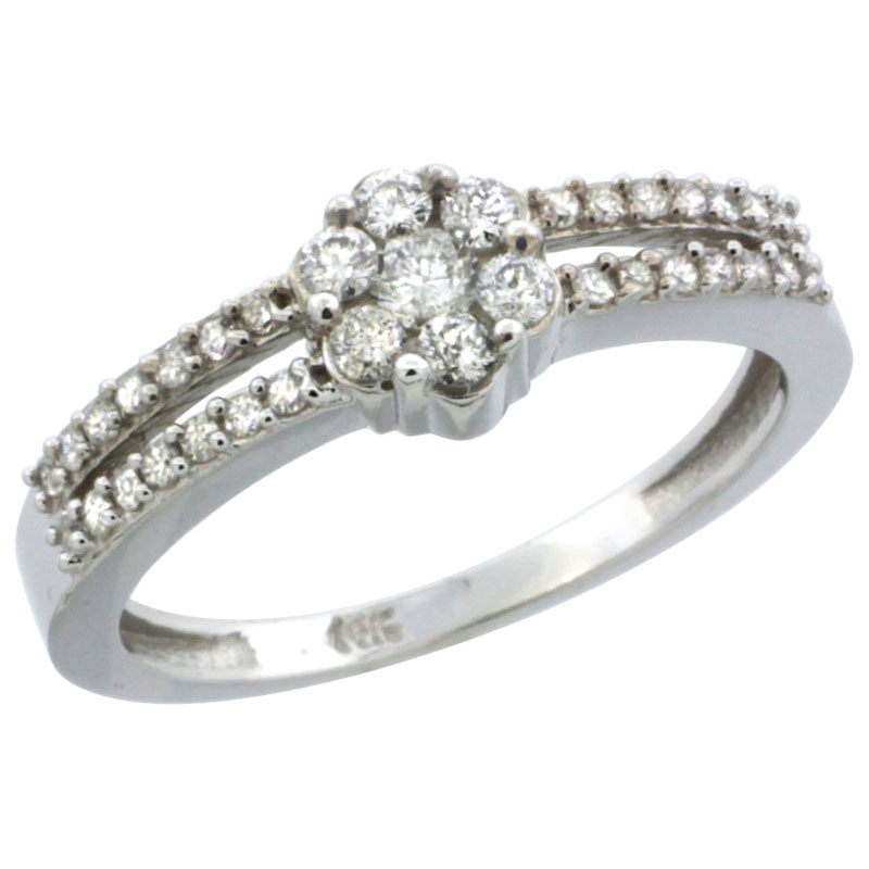 14k White Gold Flower Cluster Diamond Engagement Ring w/ 0.37 Carat Brilliant Cut Diamonds, 1/4 in. (6.5mm) wide