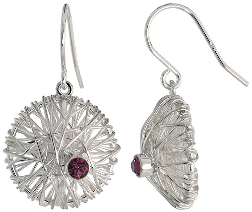 Sterling Silver Round Filigree Dangle Earrings w/ Brilliant Cut Amethyst-colored CZ Stone, 13/16" (20 mm) tall