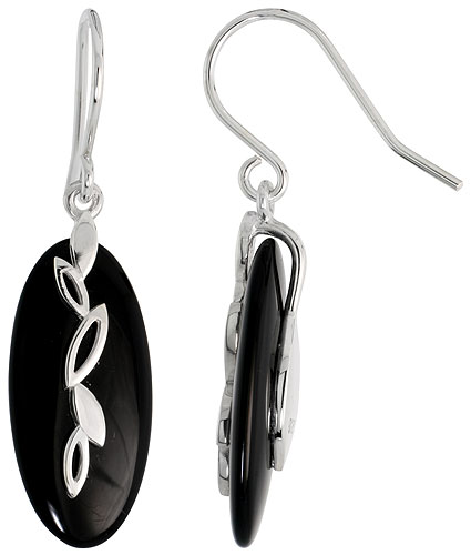 Oval-shaped Black Onyx Dangle Earrings w/ Leaves in Sterling Silver, 15/16" (24 mm) tall