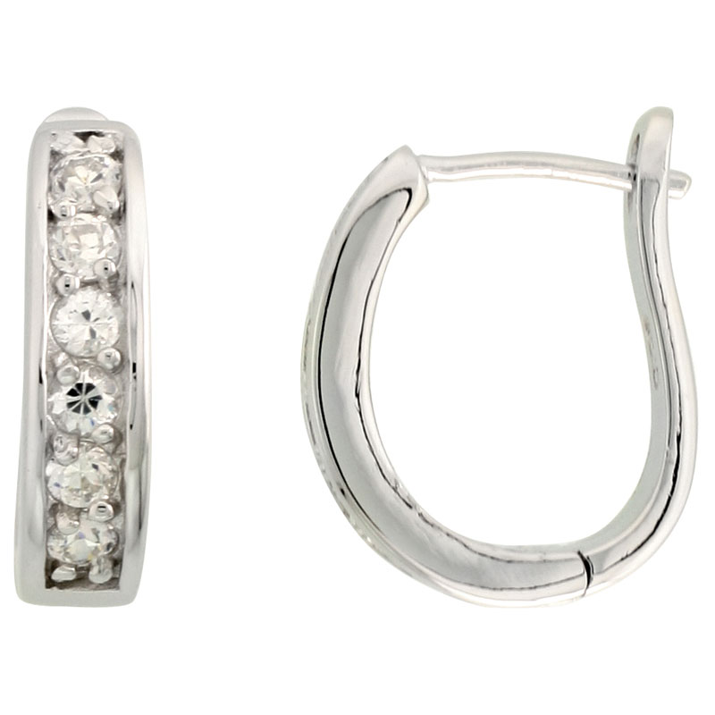 Sterling Silver Cubic Zirconia U-shaped Huggie Hoop Earrings, 11/16 inch round 