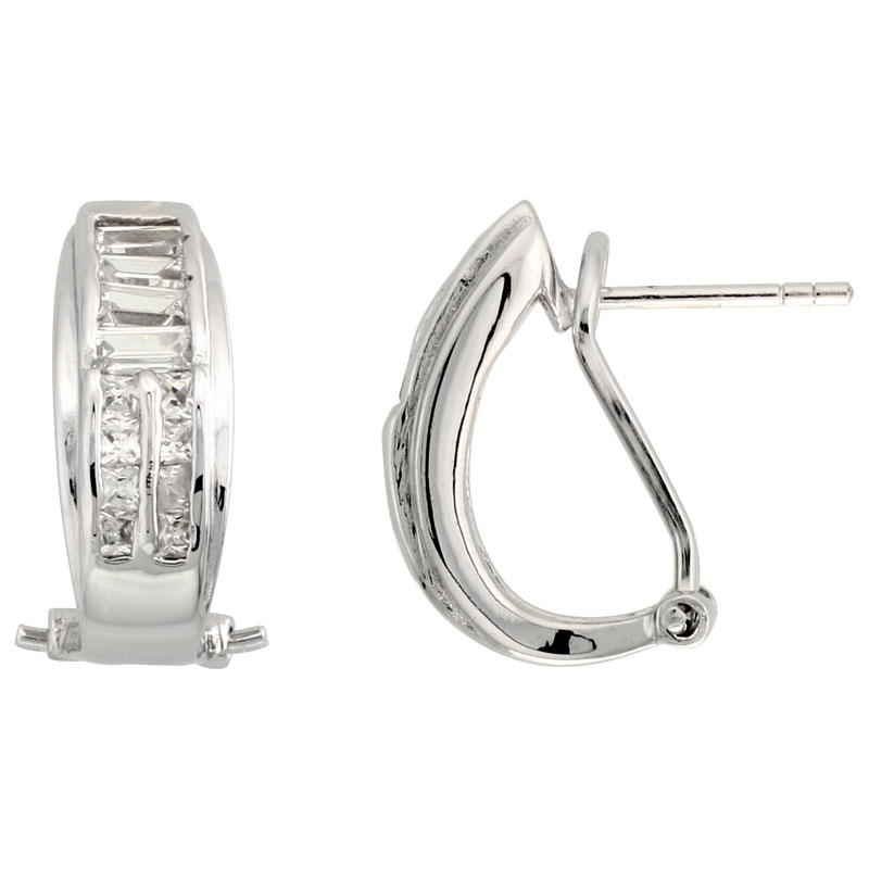 Sterling Silver Cubic Zirconia Omega Back Huggie Earrings, 11/16 inch round 