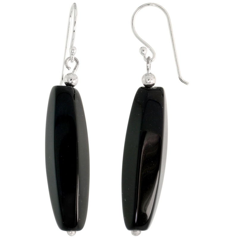 Sterling Silver Dangle Earrings, w/ Beads & Faceted Oval Black Obsidian, 1 7/8" (47 mm) tall
