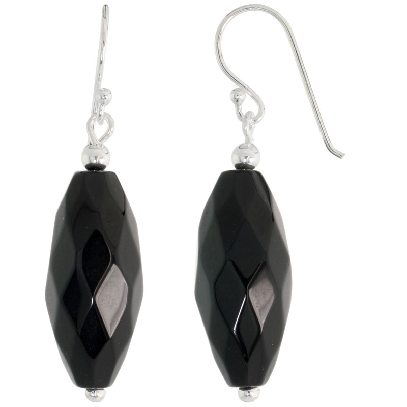 Sterling Silver Dangle Earrings, w/ Beads & Faceted Oval Black Obsidian, 1 9/16" (40 mm) tall