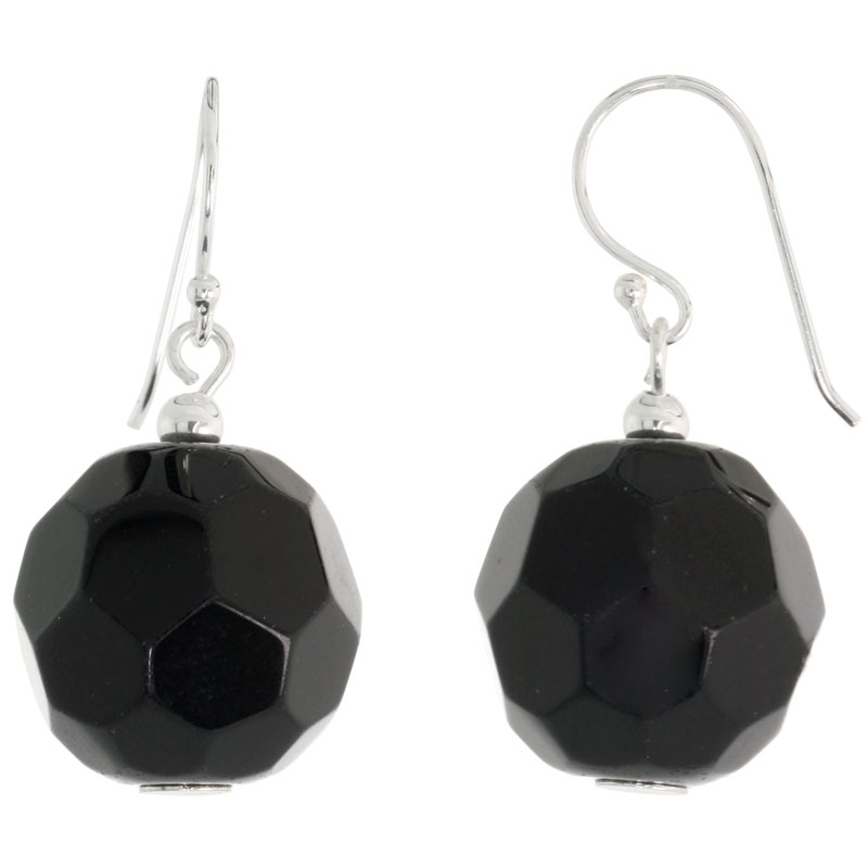 Sterling Silver Dangle Earrings, w/ Faceted Black Obsidian Beads, 1 1/4" (31 mm) tall