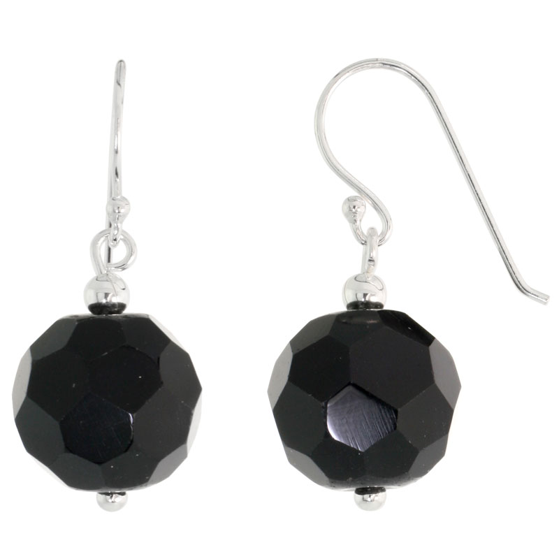 Sterling Silver Dangle Earrings, w/ Faceted Black Obsidian Beads, 1 1/8" (29 mm) tall