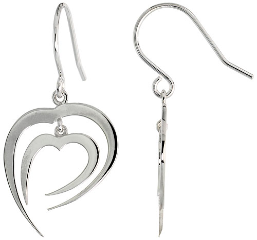 High Polished Fancy Hearts Dangle Earrings in Sterling Silver, 13/16" (21 mm) tall