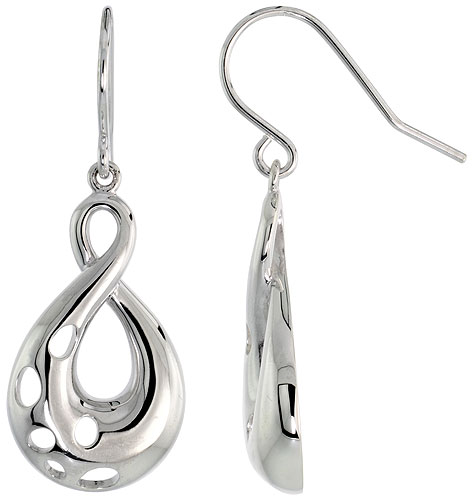 High Polished Swirl Dangle Earrings in Sterling Silver, w/ Small Circle Cut Outs, 1" (25 mm) tall