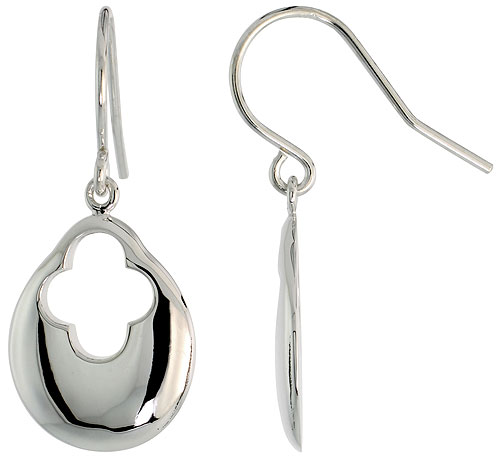 High Polished Pear-shaped Dangle Earrings in Sterling Silver, w/ Cross Cut Out, 3/4" (19 mm) tall