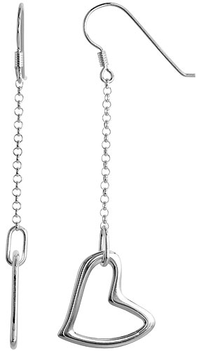 Sterling Silver Heart Drop Earrings, 2 3/8 inch long