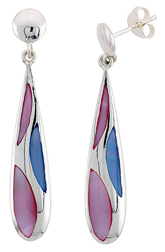 Sterling Silver Teardrop Pink & Blue Mother of Pearl Inlay Earrings, 1 9/16" (40 mm) tall 