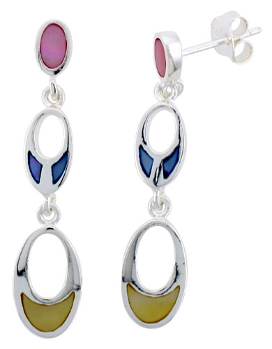 Sterling Silver Graduated Ovals Pink, Blue & Light Yellow Mother of Pearl Inlay Earrings, 1 1/8" (28 mm) tall 