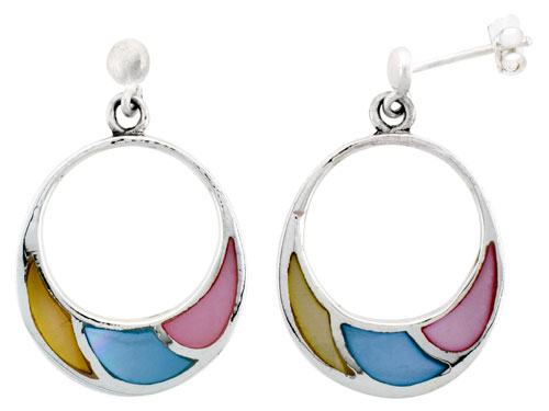 Sterling Silver Circle Pink, Blue & Light Yellow Mother of Pearl Inlay Earrings, 7/8" (22 mm) tall 