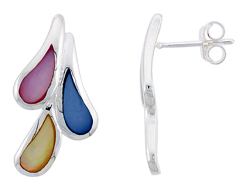 Sterling Silver Teardrop Pink, Blue & Light Yellow Mother of Pearl Inlay Earrings, 1" (25 mm) tall 