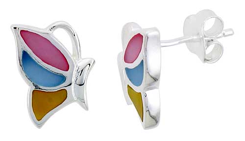Sterling Silver Half Butterfly Pink, Blue & Light Yellow Mother of Pearl Inlay Earrings, 9/16" (15 mm) tall 