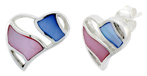 Sterling Silver Heart Pink & Blue Mother of Pearl Inlay Earrings, 11/16" (17 mm) tall 