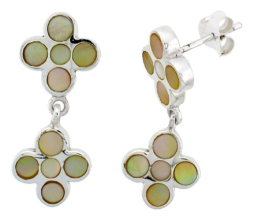 Sterling Silver Floral Mother of Pearl Inlay Earrings, 1 1/8" (28 mm) tall 