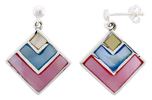 Sterling Silver Diamond-shaped Pink, Blue & Light Yellow Mother of Pearl Inlay Earrings, 13/16" (21 mm) tall 