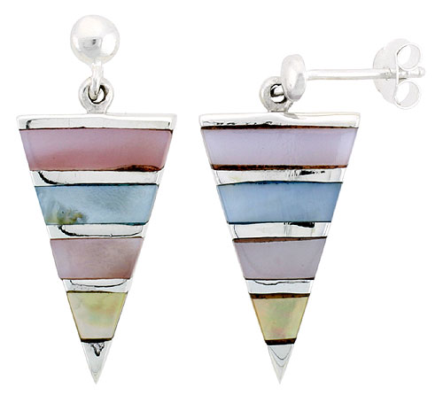 Sterling Silver Triangular Pink, Blue, Light Yellow & White Mother of Pearl Inlay Earrings, 7/8" (22 mm) tall 