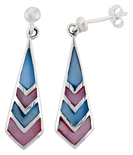 Sterling Silver Freeform Pink & Blue Mother of Pearl Inlay Earrings, 1 1/4" (32 mm) tall 