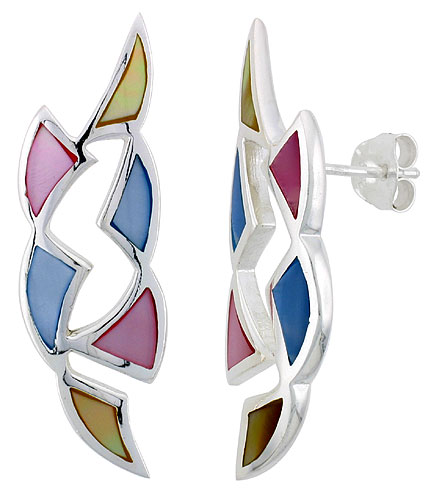 Sterling Silver Freeform Pink, Blue & Light Yellow Mother of Pearl Inlay Earrings, 1 7/16" (36 mm) tall 
