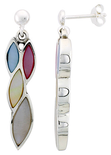Sterling Silver Marquise-shaped Pink, Blue, Light Yellow & White Mother of Pearl Inlay Earrings, 1 3/16 (30 mm) tall 