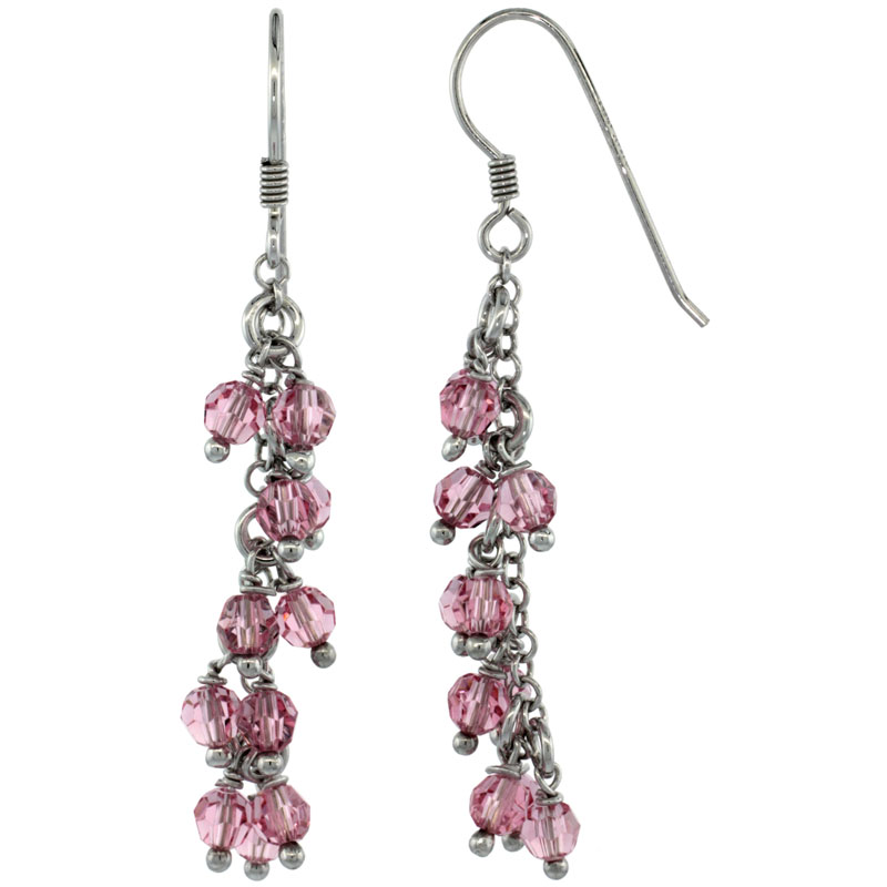 Sterling Silver Pink Sapphire Swarovski Crystals Cluster Drop Earrings, 2 3/16 in. (56 mm) tall