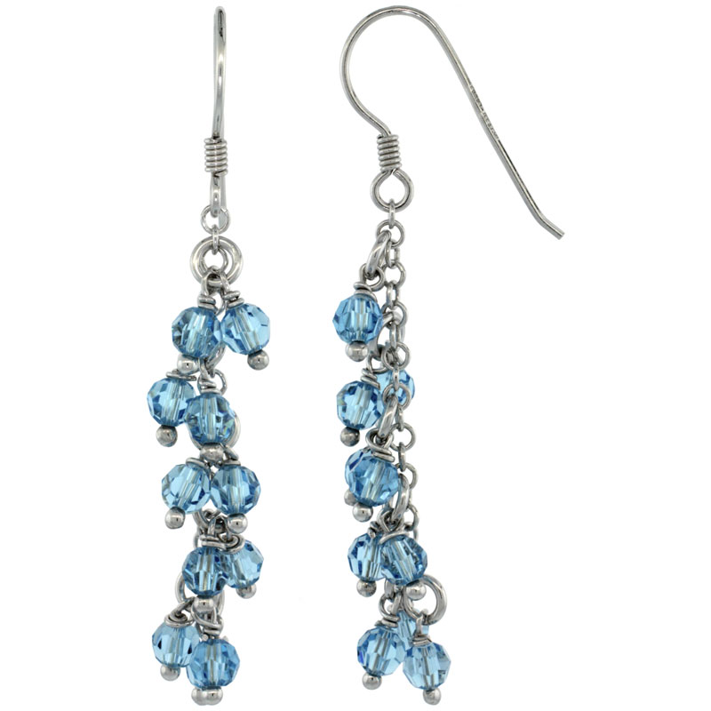 Sterling Silver Blue Topaz Swarovski Crystals Cluster Drop Earrings, 2 3/16 in. (56 mm) tall