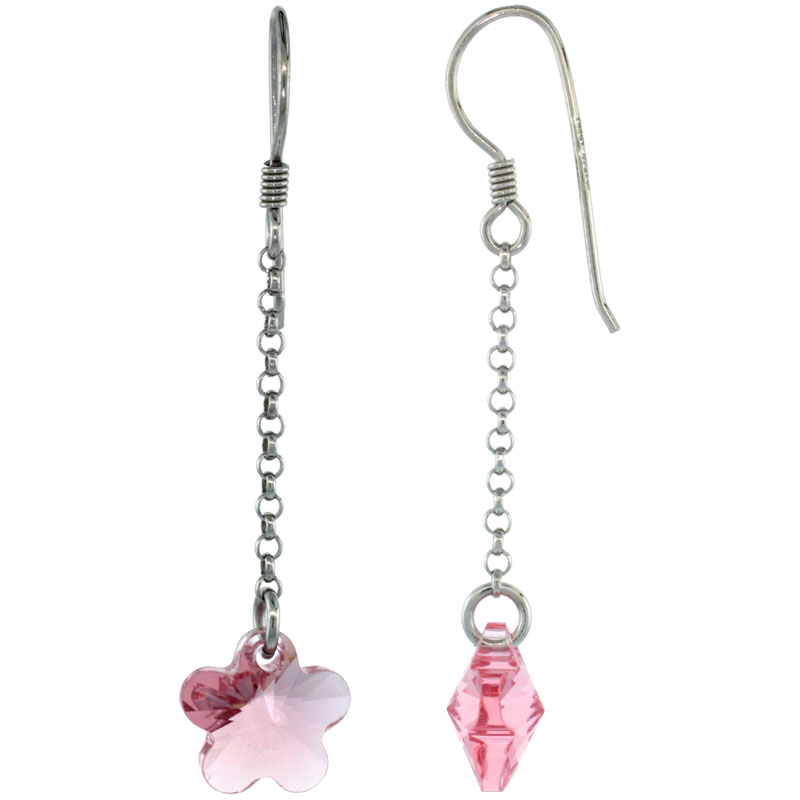 Sterling Silver Flower Pink Sapphire Swarovski Crystals Drop Earrings, 2 1/16 in. (52 mm) tall