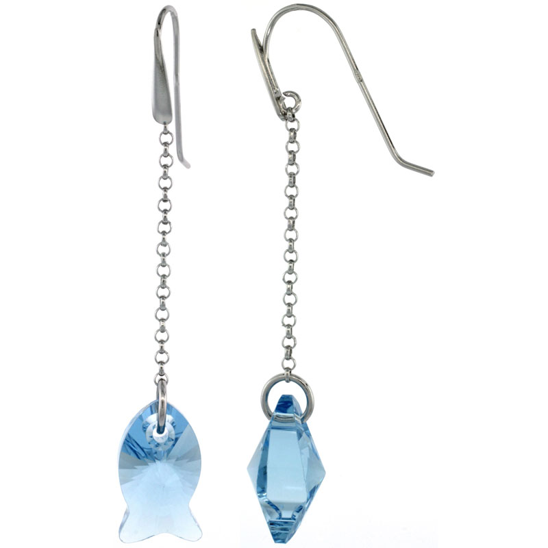 Sterling Silver Fish Blue Topaz Swarovski Crystals Drop Earrings, 2 5/8 in. (67 mm) tall
