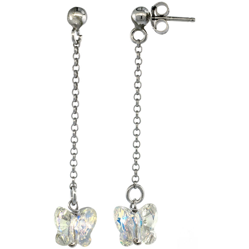 Sterling Silver Butterfly Clear Swarovski Crystal Drop Earrings, 1 13/16 in. (46 mm) tall