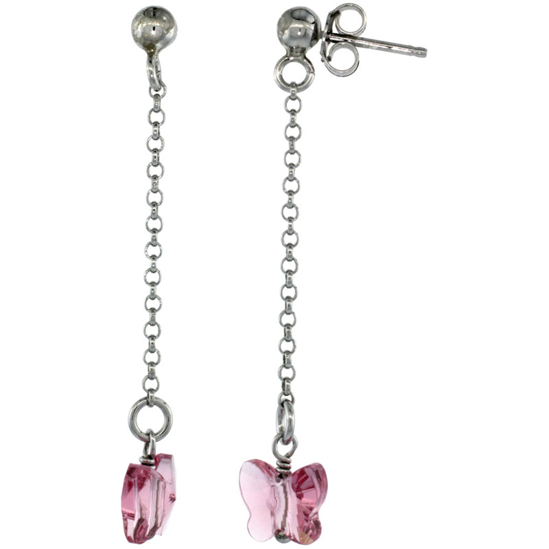 Sterling Silver Butterfly Pink Sapphire Swarovski Crystal Drop Earrings, 1 13/16 in. (46 mm) tall