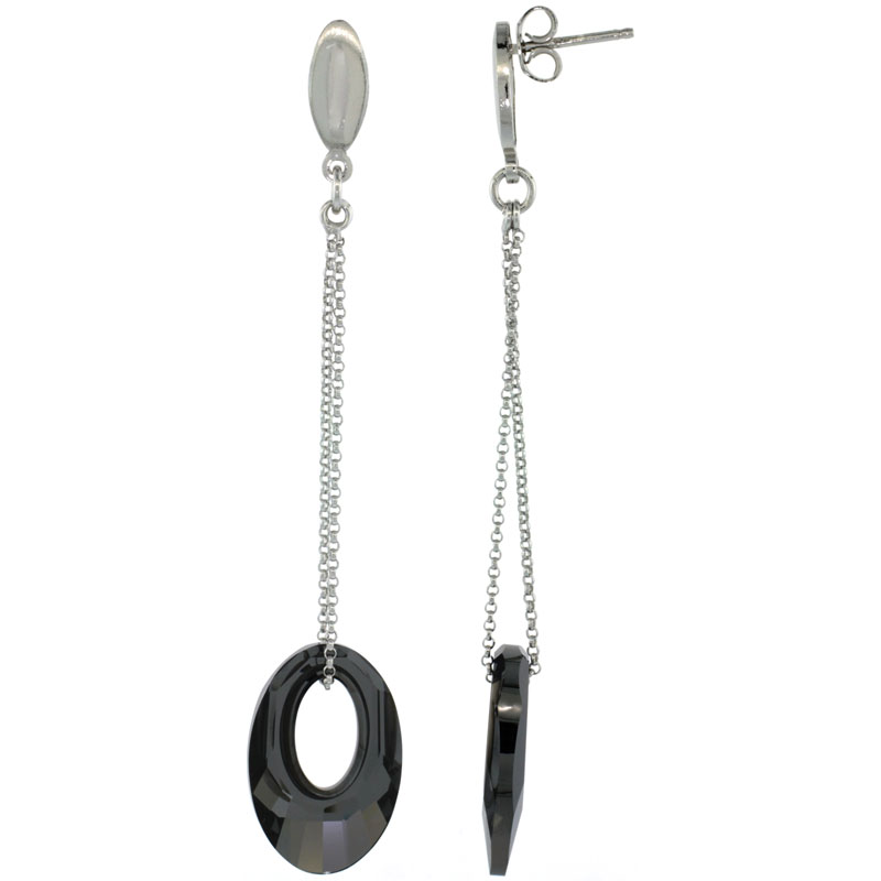 Sterling Silver Smoky Topaz Swarovski Crystal Oval Cut Out Drop Earrings, 2 11/16 in. (69 mm) tall
