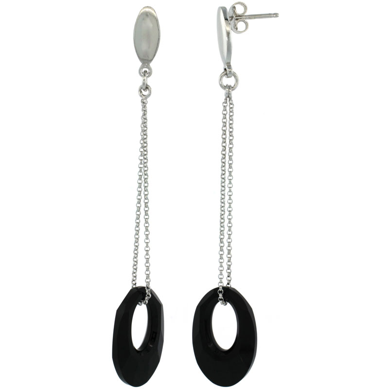 Sterling Silver Black Swarovski Crystal Oval Cut Out Drop Earrings, 2 11/16 in. (69 mm) tall