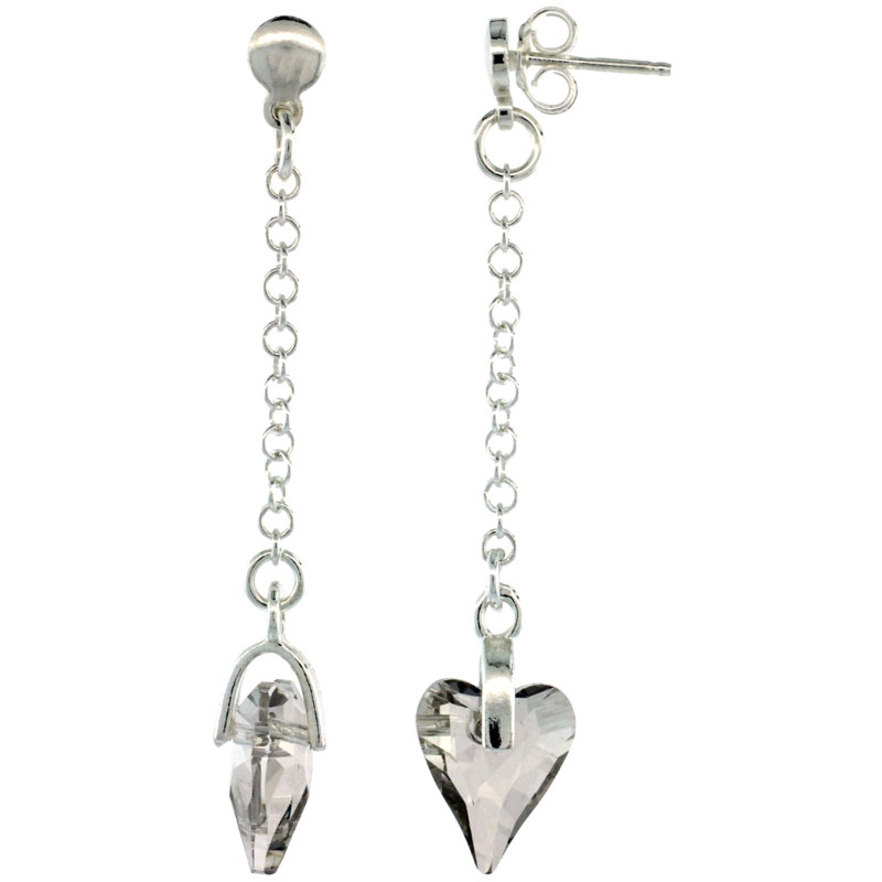 Sterling Silver Heart Clear Swarovski Crystal Drop Earrings, 2 1/8 in. (54 mm) tall