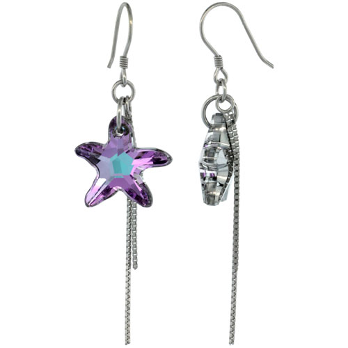 Sterling Silver Dangle Earrings w/ Purple Swarovski Crystal Starfish 2 1/4 in. (58 mm) tall, Rhodium Finish