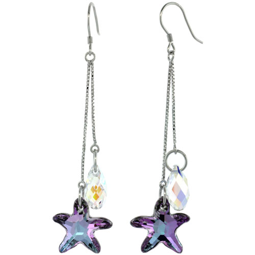 Sterling Silver Dangle Earrings w/ Purple Swarovski Crystal Starfish 2 3/4 in. (70 mm) tall, Rhodium Finish